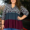 90 CP-A {Make Me Believe} Grey/Burgundy Leopard Tiered Top PLUS SIZE 1X 2X 3X -Cheap Clothing Store makemebelieve
